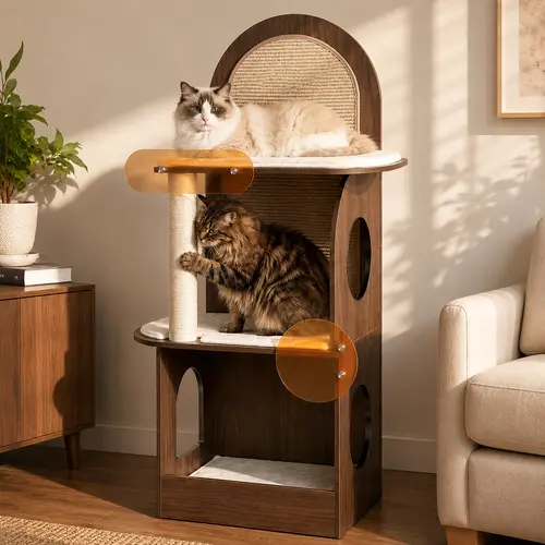 Modern Wooden Cat Tree for Indoor Cats, Walnut Cat Tower with Cozy Cat Condo, Sisal Scratching Board, Plush Top Perch and Lounge Bed, 47 Inch Mid Century Cat Furniture for Living Room