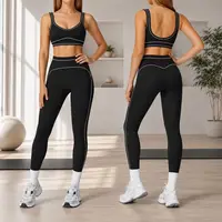 Trend Contrast Stripe Trim Sport Two Piece Set, Breathable Buttery Soft Seamless Yoga Bra & Hip Shaping Leggings Activewear Suit