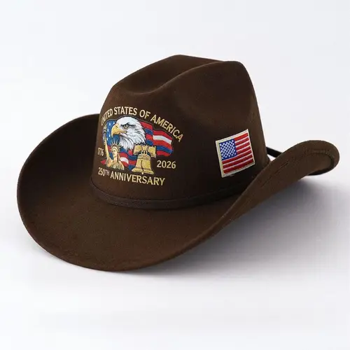 Premium Embroidery Eagle US Flag 250 Semiquincentennial Cowboy Hat Soft Felt Western Style 2026 Independence Day Commemorative Gift Hat For Men Women