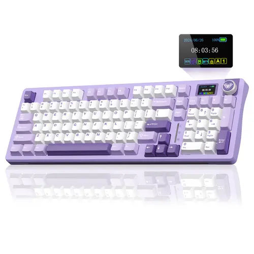 [New]AULA S98 Pro White Purple Aesthetic Wireless Mechanical   Gaming   Keyboard, Smart LCD Screen & Knob, Number Pad Creamy Thocky Sound, RGB Backlight, Hot Swappable Tri-Mode   USB-C   Connection PBT Keycaps, Creamy Keyboard  Multi-Device  Keyboard
