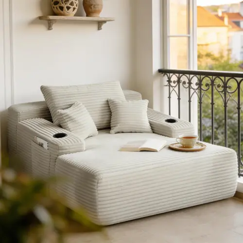 Niccae 1-Seat Oversized 2-in-1 Convertible Chaise Lounge Couch - Durable Corduroy Texture, Plush Foam-Spring Support, Fixed Arms, Striped Throw Pillows, Cup Holder, Boneless Sleeper Sofa Bed, Fully Assembled, Beige Modern Indoor Furniture