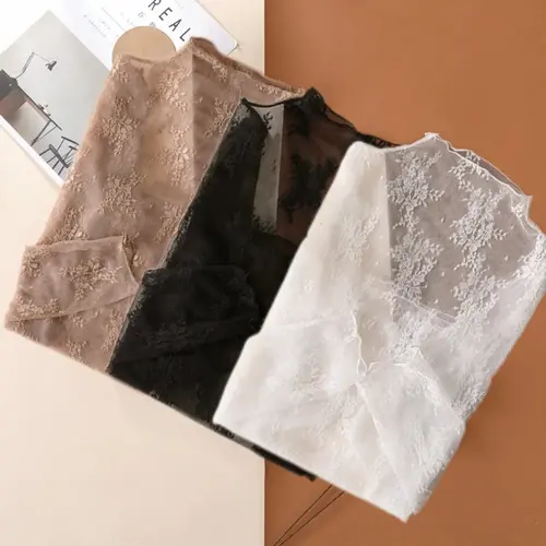 Women's 3-Pack Sheer Floral Embroidered Lace Long Sleeve Mock Neck Blouse Shirts, 3pcs(black+white+coffee) Women's Clothes for Sports & Outdoor Activities, Tops,travel essentials,camping essentials, Long Sleeve Tops Women
