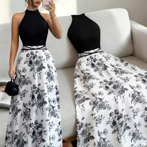 Women's Summer New French Patchwork Sleeveless Dress, Unique Design Floral Print Backless Colorblock Slim Waist Dress, Elegance, Chic, Fashionable and Stylish, Elegant Summer Dress