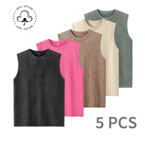 Men’s 5-Pack Washed Vintage Heavy Cotton Tank Tops, Loose & Athletic Fit, Durable Workout Sets for Intense Training, Sleeveless Gym Sportswear, Casual Wear