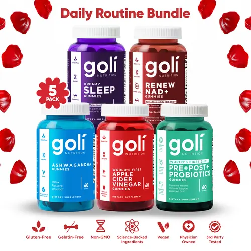 Goli Daily Routine Bundle (5-Pack) - Ashwagandha, Renew NAD+, World's First ACV & Pre Post Probiotic, Sleep Gummies. All Vegan, Plant-Based, Non-GMO, Gluten-Free & Gelatin-Free
