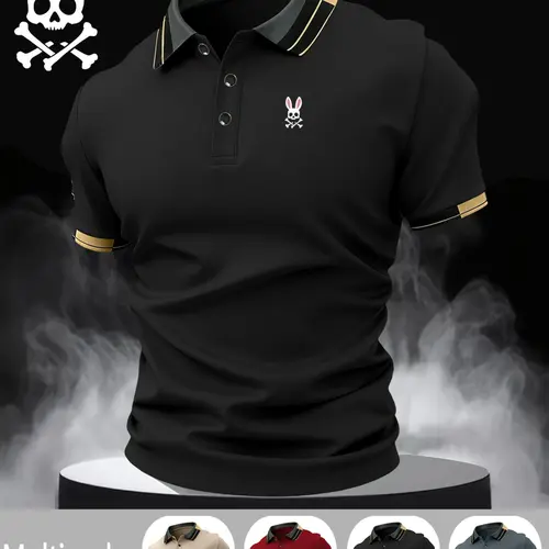Men's Skull Rabbit Print Collared Polo Shirt, Elastic Casual Breathable Four Seasons Wear, Comfortable Durable High‑End Polo Top