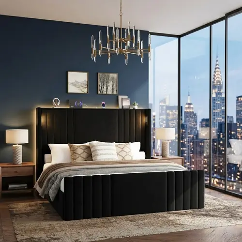 Belffin Queen/King Channel Tufted Velvet Upholstered Wingback Platform Bed Frame - 55" Tall Stable Bedroom Furniture, 2 Reading Lights, 20.1" Headboard Footboard, 2 Side Pockets, Storage Shelf, Charger, Contemporary Bed [tiktokshopbacktoschool]
