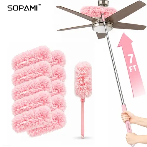 SOPAMI 7ft Extendable Household Microfiber Duster - 360° Flexible Bend Head, Disposable Microfiber Duster Heads, Reusable Telescoping Brush for Ceiling Dusting, Glass, Pet Hair