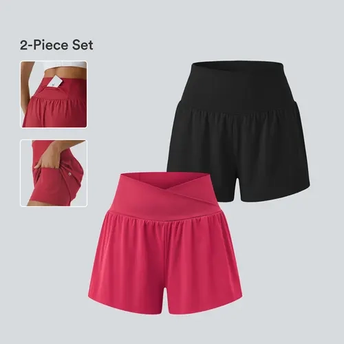 Halara 2-Piece Set SoftlyZero Airy Super High Waisted 2-in-1 InstantCool Yoga Shorts & Crossover High Waisted 2-in-1 InstantCool Yoga Shorts with Pockets