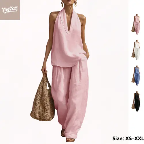 YeeZaa 2 Piece Linen Sets for Women 85% Cotton 15% Linen Halter Top Wide Leg Pant Sets Casual Two Piece Sets 2 Piece Summer Outfits Sleeveless V Neck Halter Tops Wide Leg Pants Back to School Office Outfit Travel Vacation Beach with Pockets
