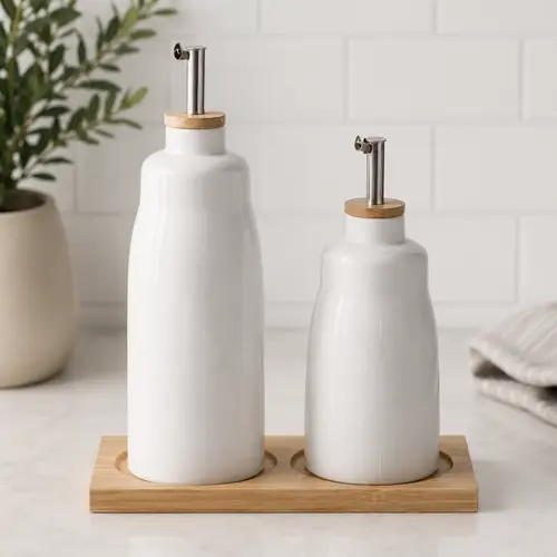 White Ceramic Oil & Vinegar Dispenser Set with Bamboo Tray