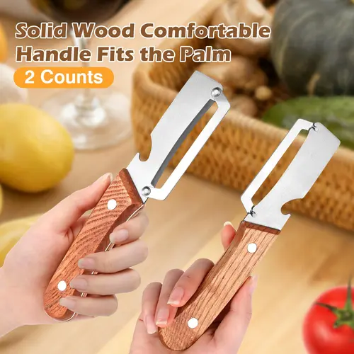 2PC Stainless Steel Blade Wooden-Handled Vegetable & Fruit Peeler, Ergonomic Kitchen Tool with Built-In Bottle Opener