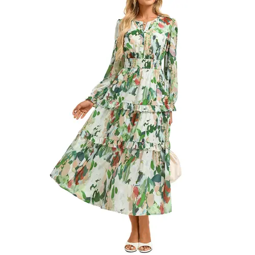 Grace Karin Women's Maxi Dress for Women, V-Neck A-Line Breezy Chiffon Flowy Gown with Ruffles, Long Sleeves, Pockets, Beach-to-Wedding Floral Print, Long Hem Adds Elegance and Modesty, Ankle-Length Party Dress