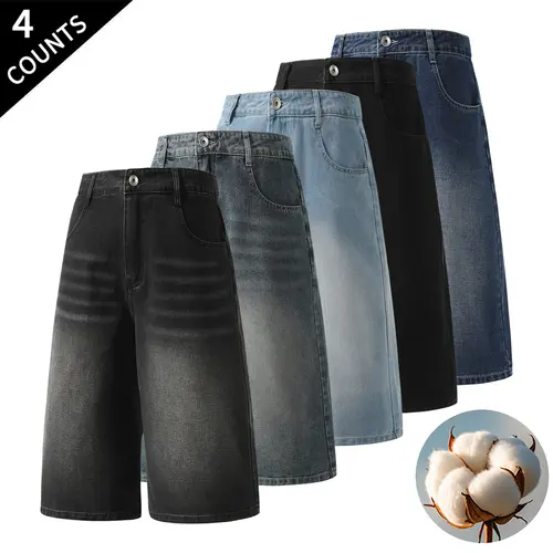 4-Pack Men’s Cotton Denim Jeans Shorts – Vintage Wash, Loose Wide-Leg Capri Style, Casual Streetwear, Relaxed Fit, Knee Length, Bermuda Denim Pants, Multicolor Pack for Everyday Summer Outfits