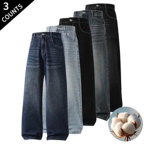 Men’s 3-Pack Vintage Washed Straight Fit Baggy Jeans - Soft Cotton Wide-Leg Denim Pants, Retro Streetwear Clothing, Loose Casual Everyday Male Vintage Fashion Streetwear Clothing