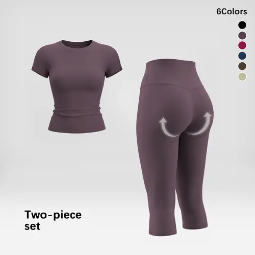 Women's 2-Piece Capri Gym Workout Apparel Set - Slim-Fit Short Sleeve Quick Dry T-Shirts, High-Waist Tummy Control Butt Lifting Leggings, Polyester Matching Sets for Women