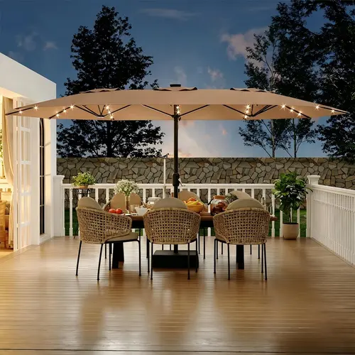 15 FT Outdoor Patio Umbrella with Base Included, Solar Powered Lighted Patio Table Umbrella, 10 Heavy Duty Metal Ribs, Waterproof UV Protection, Crank Tilt Adjustable Shade for Poolside, Garden, Deck, Backyard Outdoor Use