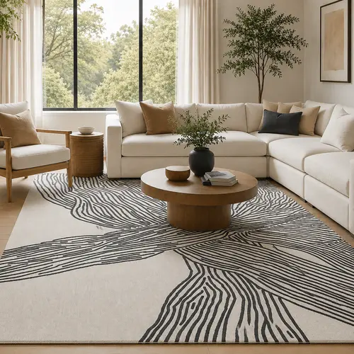 YIHOUSE Neutral Contemporary Low-Pile Abstract Art Rug - Hand-Drawn Wavy Linear, Minimalist, Waterproof, Stain-Resistant, Ultra-Soft Skin-Friendly, Kid-Safe Machine Washable Indoor Area Rug for Living Room, Bedroom Decor