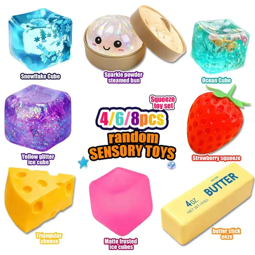 4/6/8-Piece Squishy Stress Relief Toy Set, Fun Fidget Sensory Combo Pack, Ice Cube, Strawberry Stress Ball & Steamed Bun Squishies, Kids Party Gift