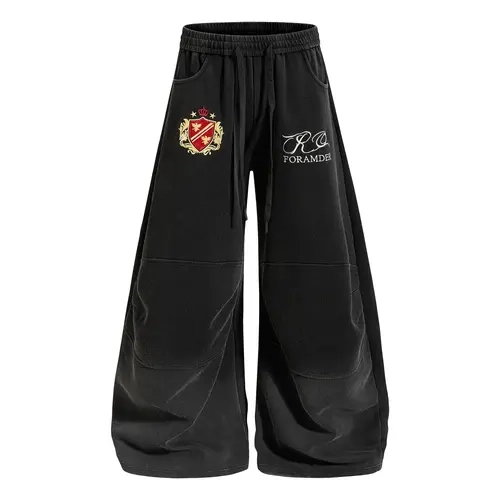 Inflation Gradient Wash Sweatpants Crown Crest Embroidery Cursive Letter Print Seam Panel Baggy Wide Leg Streetwear Casual Pants,clothes for back to school,first day of school outfits