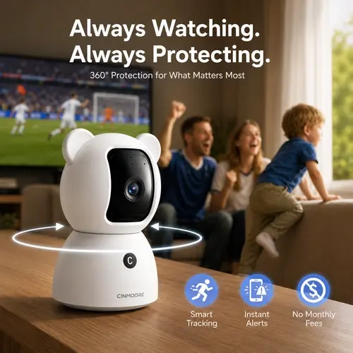 CINMOORE Indoor Pan Tilt Security Camera with AI, 2.5K Baby Monitor Camera, Pet Camera, Human & Pet Detection, Cry Detection, Motion Tracking, Night Vision, 2-Way AudioIndoor Pan-Tilt Security Camera with AI Nursery, 110° Tilt Coverage, Ai Cry Detection
