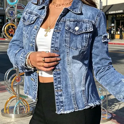 Women's Plus Size Long Sleeve Medium Wash Denim Jacket, Button, Frayed Hem Design, Ripped Casual Jacket, Fashionable Trendy Chic Denim Coat, Casual Lightweight Jacket
