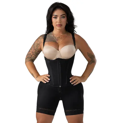 Snatched Body Open Bust Faja | Steel Mid-Thigh Bodysuit with Boned Corset