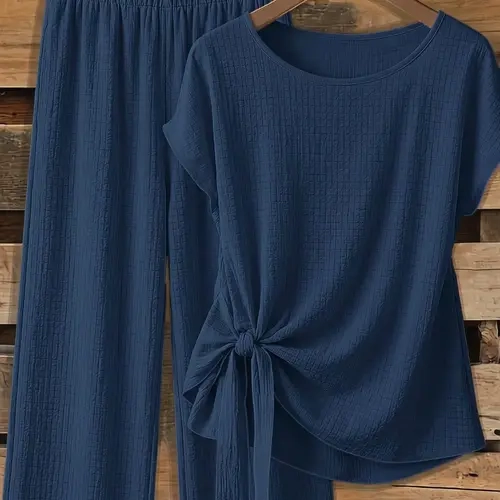 Women's casual Basic solid color bow tie short shirt and loose straight-leg trousers two-piece set, suitable for spring and summer wear, Summer Matching Sets