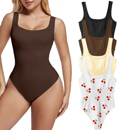 【Limited Time Deal】【Fast Shipping】Women's Plain Knit Body Contouring Seamless Ribbed Nylon-Blend Bodysuit - 4-Piece Sleeveless Square Neck Medium-Length Top with Snap Button for Daily & Party Wear