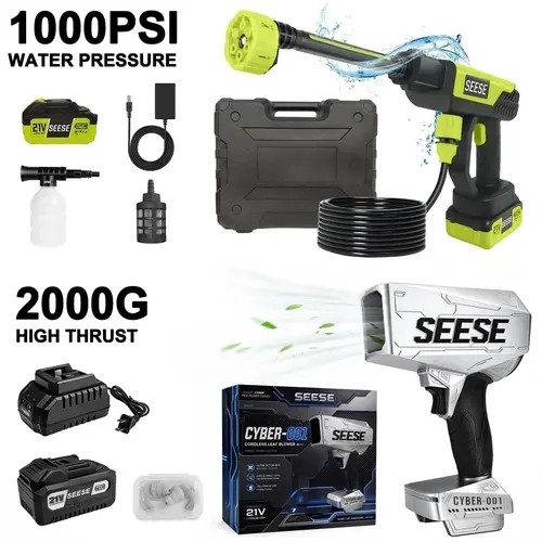 SEESE 21V Cordless Car Cleaning Kit with 1000 PSI Pressure Washer & 2000G Turbo Leaf Blower | Portable Power Washer and Air Duster for Car Washing, Drying, Patio & Garden | Fathers Day Gift