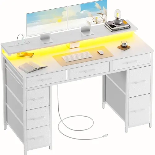 Ecofurnix 47-Inch Thickened Oval Wood Laptop Desk - 8-Drawer Sorting Unit, LED Lights, USB Power Outlets, Monitor Stand, Functional Bedroom Furniture for Home Office Use