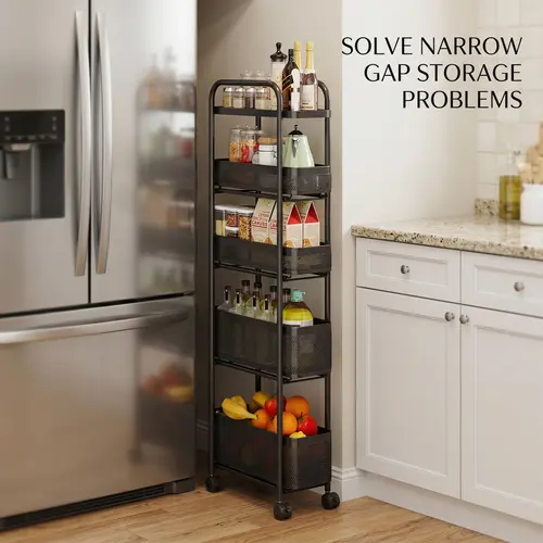 5-Tier Slim Rolling Storage Cart, Narrow Gap Organizer with Wheels, Space Saving Kitchen Pantry Bathroom Laundry Room Storage Rack
