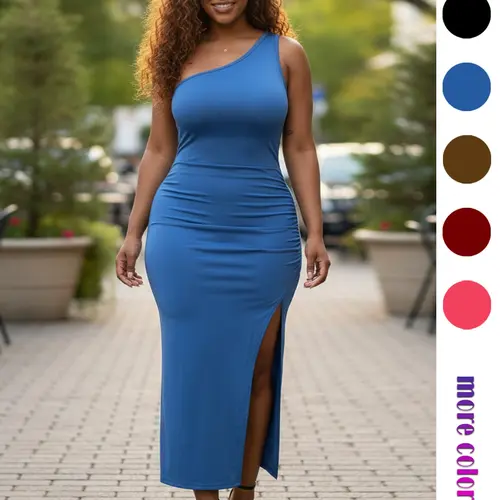 One Shoulder Pleated Split Slim Fit Knit Stretchy Bodycon Dress, Chic Elegant Sexy Slimming Dress, Party Prom Cocktail Date Formal Daily Commute Versatile Dress, High Split Butt Lift Medium Long Midi Dress