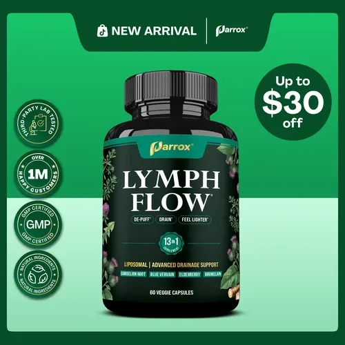 Parrox Lymph Flow - 13 in 1 Support for De-Puff, Drain, Lighter Feel - Liposomal Lymphatic Drainage Supplement - (60 Veggie Capsules)