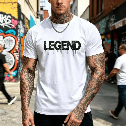 Vintage Drip LEGEND Graphic Men’s Short Sleeve T-Shirt, Streetwear Distressed Letter Print Crew Neck Tee, Soft Cotton Casual Top, Trendy Urban Hip Hop Shirt for Daily Street Outfits, Big & Tall Sizes Available，graphic tees，Grunge Graphic Album T-Shirt