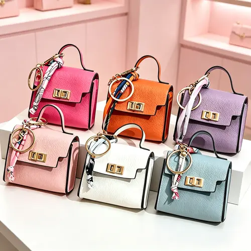 Mini Square Bag Pendant Keychain - High Quality Leather with Colorful Strap, Cute Car Keychain & Bag Charm Accessory