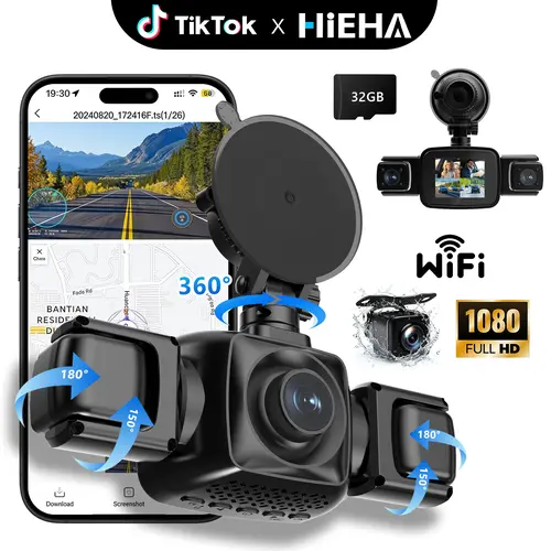 【HiEHA】360° All-Round Dash Cam for Car, 4-Lens Full Coverage Car Monitor, 4*1080P Car Camera  Recorder with Built-in WiFi, Included 32GB Card, HDR Night Vision, 24H Parking Mode, G-Sensor, Easy Installation