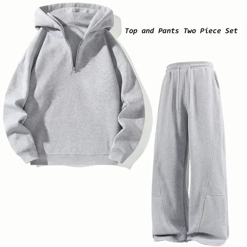 Men's 2-Piece Solid Gray Tracksuit Set - Half-Zip Hooded Long Sleeve Workout Top, Wide-Leg Athletic Pants, Gym Workout Apparel, Matching Men's Clothing Sets, Casual Sportswear