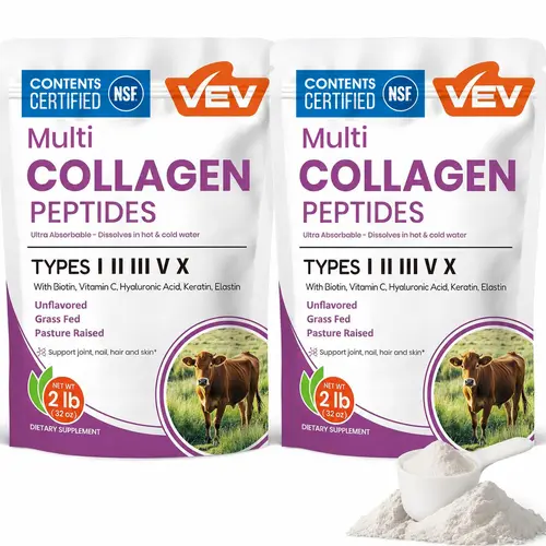 VEV Multi Collagen Peptides Powder – Type I, II, III, V, X, Hyaluronic Acid, Biotin, Vitamin C – 2 lb per Bag, 2-Pack, NSF Certified