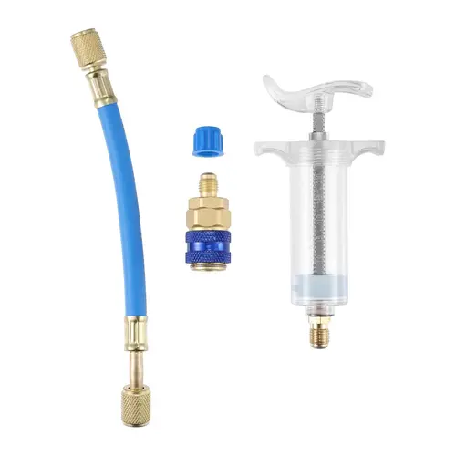 30ml (1 oz) Oil & UV Dye Injector Kit, Manual Easy-to-Operate Hand Push Automotive Maintenance Tool with 1/4 SAE Quick Coupler, Flexible Connecting Hose, Long Service Life for Car HVAC Compressor A/C Leak Detection & Oil Refill, Automotive Maintenance Too