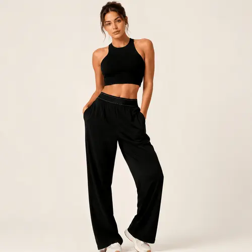 Women's High-Waisted Wide-Leg Casual Pants with Pockets - Lightweight Stretchy Fabric, Stylish Women's Wear Bottoms for Casual Wear, Yoga, Comfortable, Trouser, Fit, Lady, Style Clothing and Accessory Set