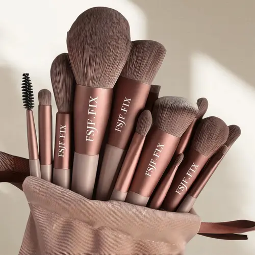 Brand FSJF FIX 14Pcs Makeup Brush Set, Brush Kit, Face Makeup Brushes, Soft Fluffy Foundation Powder Eyeshadow Blending Beauty Tool With Bag Makeup Sponge Beauty Gift For Makeup Beginner Brown, Soft Fiber For Easy To Carrying