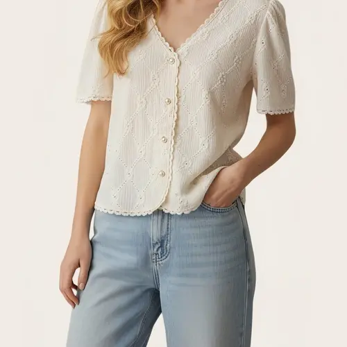 Women's Commuter Simple Basic Solid Color Buttoned Ruffle Short Sleeve Blouse Shirt, Casual Daily Wear, Fashionable and Comfortable, Tops