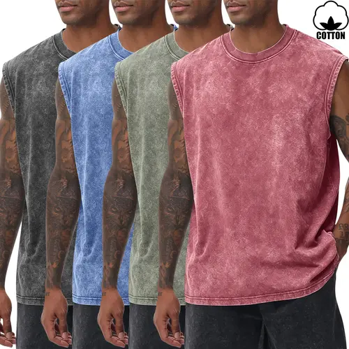4-Pack Men's Summer Lightweight Acid Wash Distressed Retro Cotton Sleeveless T-Shirt Vest Fashion Everyday Casual Vacation Sports Travel Gift for Boyfriend or Husband Basketball Camping Fitness Menswear Tank Tops Vintage Natural Personalized Gym Fabric
