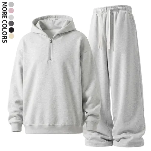 American casual two-piece set: half-zip hooded top and wide-leg drawstring sweatpants with a drapey feel, light floral gray, suitable for everyday wear and commuting.