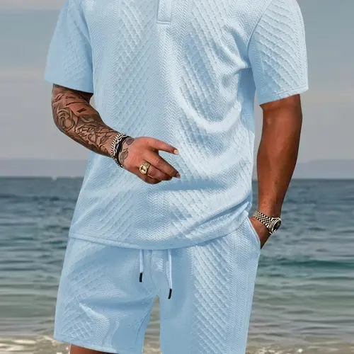 Men's 2 Piece Casual Vacation Clothing Set, Short Sleeve 3D Geometric Jacquard Polo Shirt, Breathable Knit Drawstring Elastic Waist Shorts, American Casual Menswear for Beach Vacations, Weekend Leisure