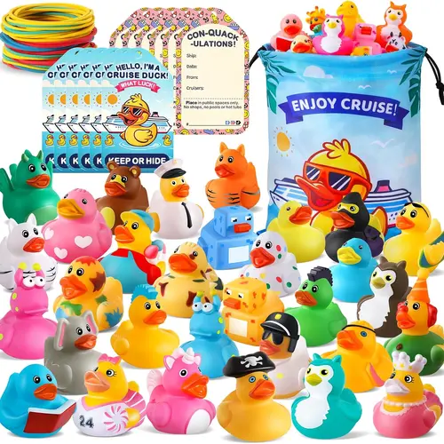 30 Pack Cruise Rubber Ducks with Tags & Rubber Bands — Bulk Cruising Duck Kit for Hiding Game, Cruise Ship Essentials & Party Favors
