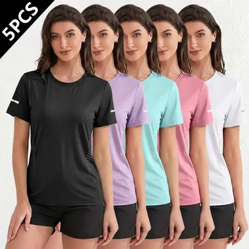 5-Pack Women’s Breathable Quick-Dry Short Sleeve T-Shirts – Moisture-wicking solid color sports tops with reflective stripes, suitable for fitness, running, outdoor training, and casual summer wear, featuring stretchy fabric, Tops For Women, Women's Cloth