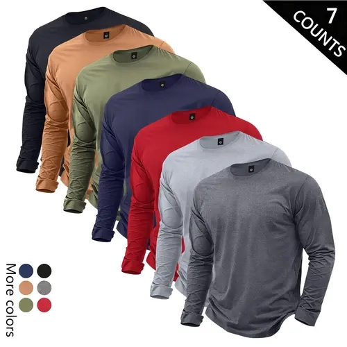Men’s lightweight loose-fit long-sleeve T-shirt set (7 pieces) for spring/autumn; trendy casual athletic black tops—ideal as a gift for husband or boyfriend; suitable for streetwear, commuting, outdoor activities, and vacations.