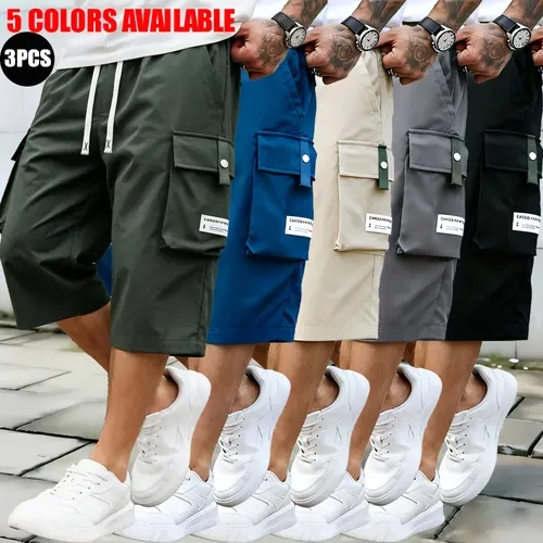 Men's 3-Pack Baggy Casual Utility Cargo Shorts - Breathable Elastic Fabric, Loose Stretch Mid-Waist Drawstring, Multi-Flap Side Pockets, Street-Stylish Knee-Length Bottoms
